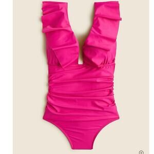 J. Crew Fuchsia Pink Ruched Ruffle V Neck Plunge One Piece Swimsuit SZ 10 Beach